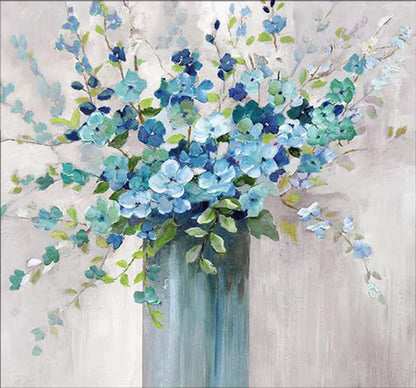 Hand-painted floral wall art featuring blue flowers in a vase, perfect for elevating any decor.