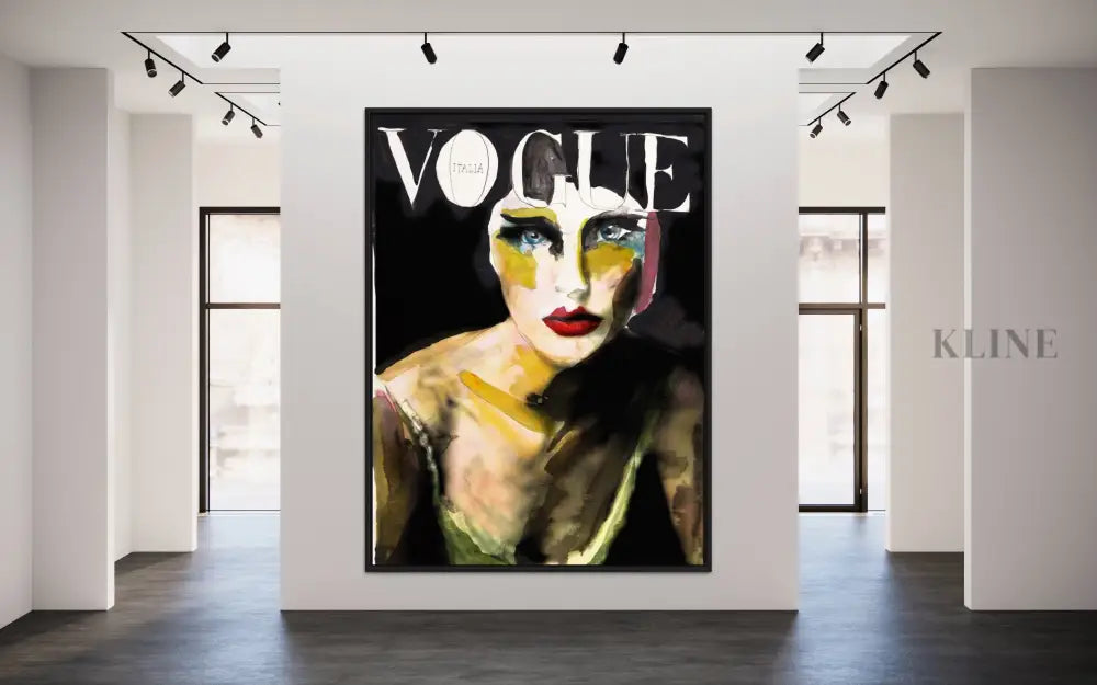 The gallery features 8 Vogue, a large painting of a woman with high fashion makeup, the word VOGUE above vibrant colors on a dark backdrop. Contemporary track lighting strikingly highlights this modern art piece.