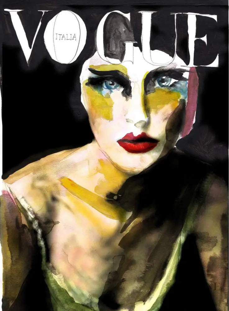 The 8 Vogue cover showcases a stylized watercolor painting of a womans face, emphasizing her red lips and blue eyes with vibrant colors. Set against a dark background, the bold Vogue title at the top resembles hand-painted wall art.