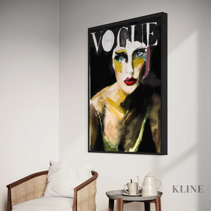 A stylish room features the 8 Vogue hand-painted art of a woman on a dark background. Below, a wooden chair with a cushioned seat completes the contemporary look next to a small table holding a teapot and cup.