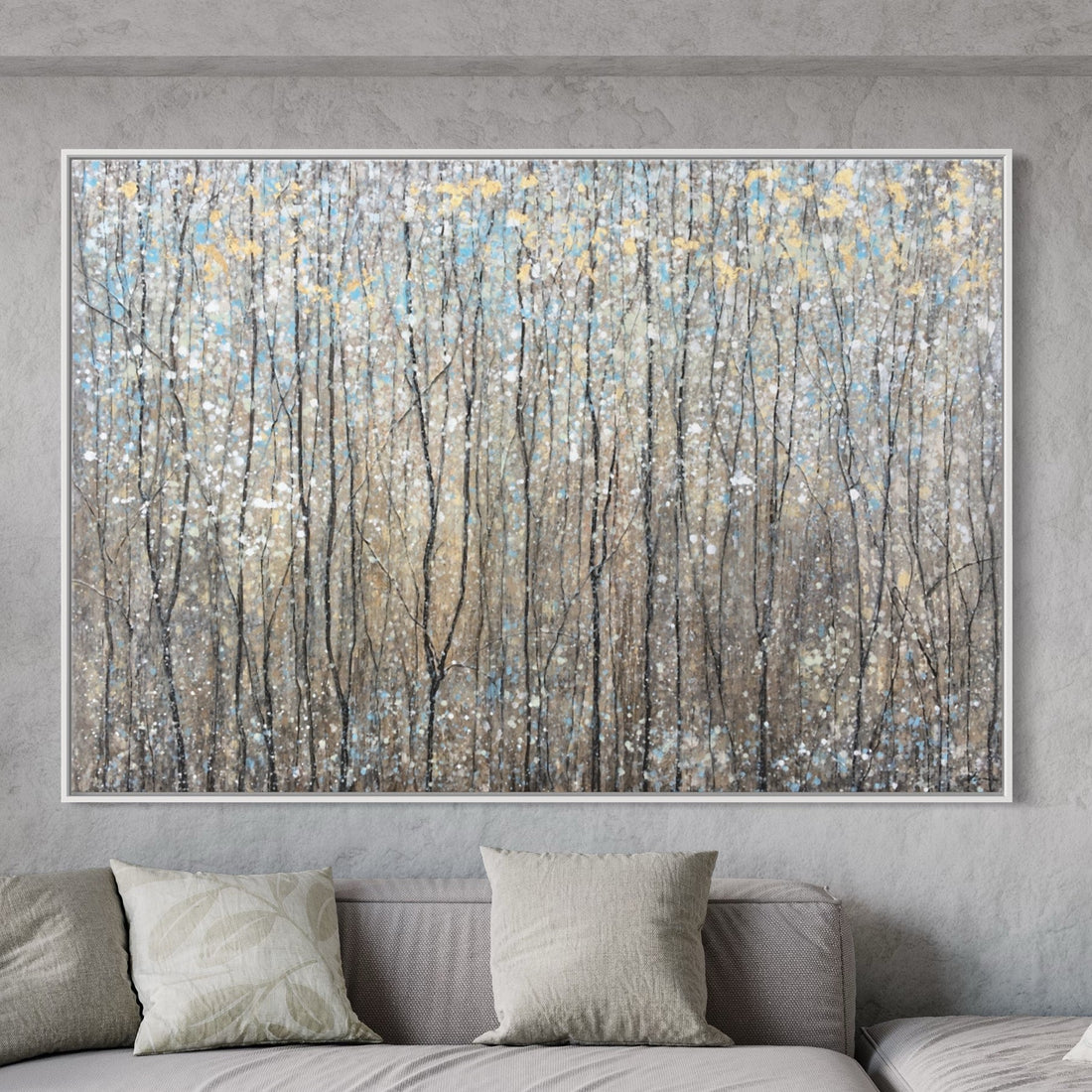 Abstract artwork depicting a forest in spring with vibrant colors and dynamic textures, enhancing any living space.