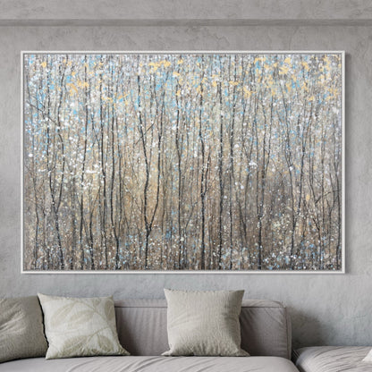 Abstract artwork depicting a forest in spring with vibrant colors and dynamic textures, enhancing any living space.