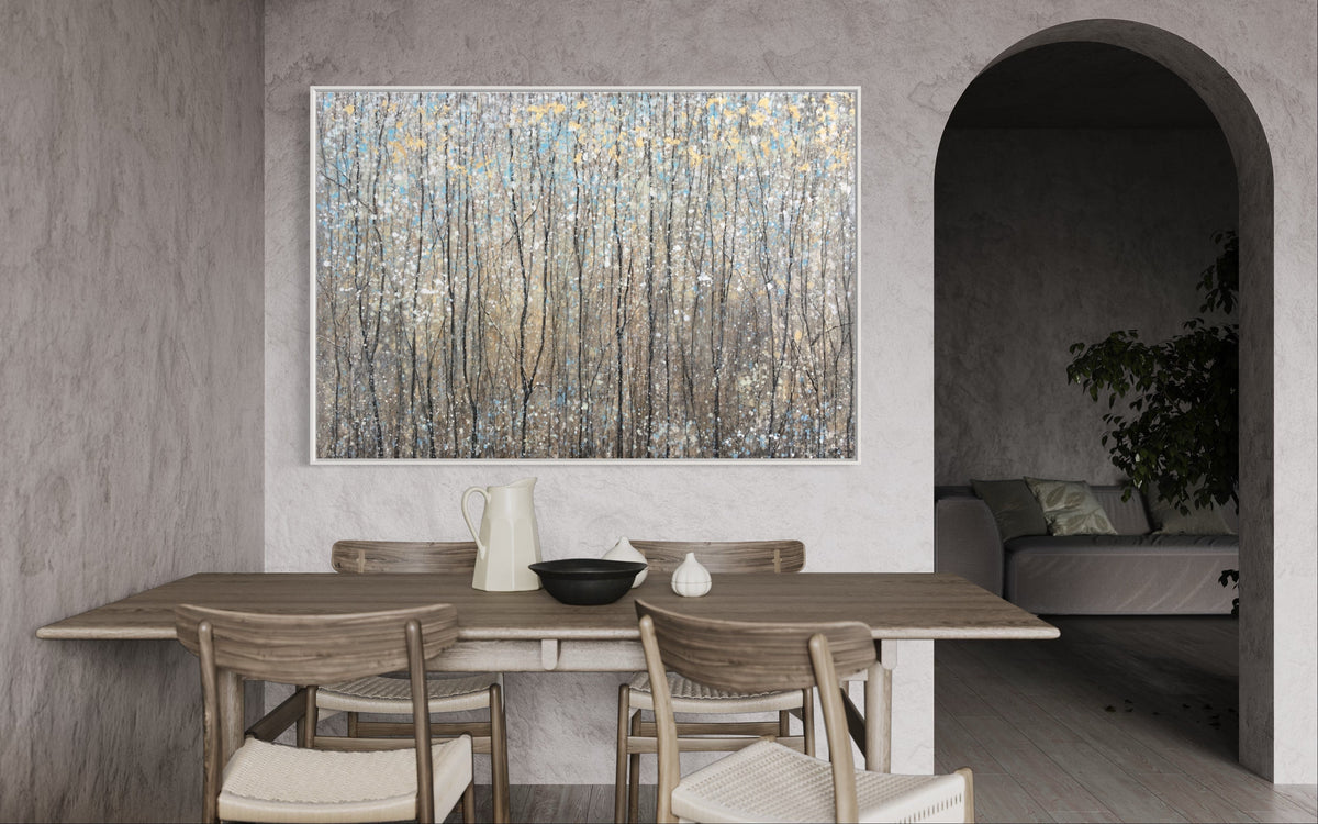 Euphony artwork in modern dining room, showcasing vibrant forest scene with abstract strokes and colors. 