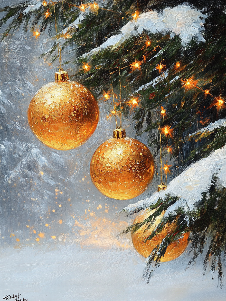 Golden Ornaments in Snow 