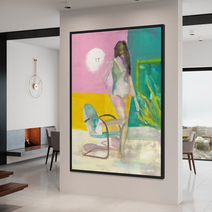 Hand-painted figurative canvas painting by Victoria Verbaan, framed and ready to hang, enhances modern home decor.