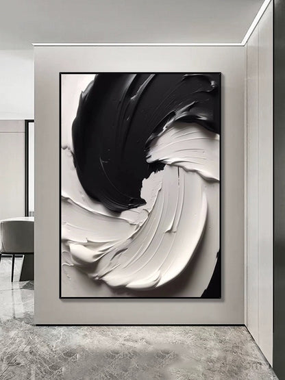 Black and white textured wall art featuring thick paint layers, showcasing dynamic movement and captivating contrast.