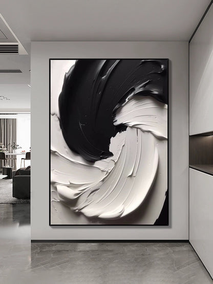 Black and white heavy textured wall art showcasing dynamic paint layers and unique light reflections.