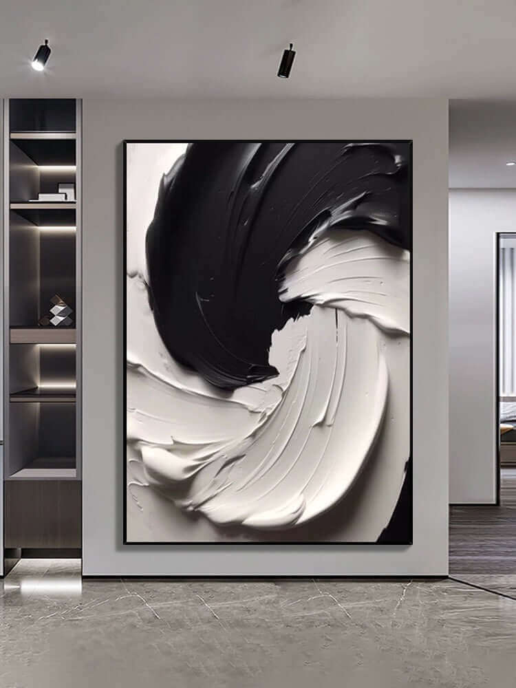 Black and white textured wall art highlighting thick paint layers and dynamic movement, perfect for modern decor. 黒と白の絵画