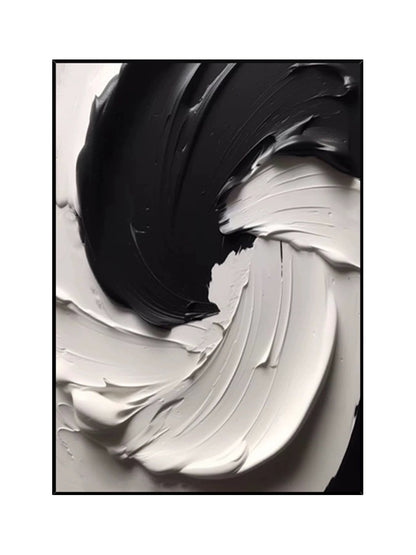 Black and white textured wall art showcasing thick paint layers and dynamic movement in custom size.