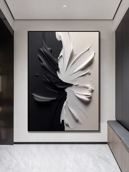 Twilight black and white wall art showcasing textured elements and minimalist aesthetic in modern interior.