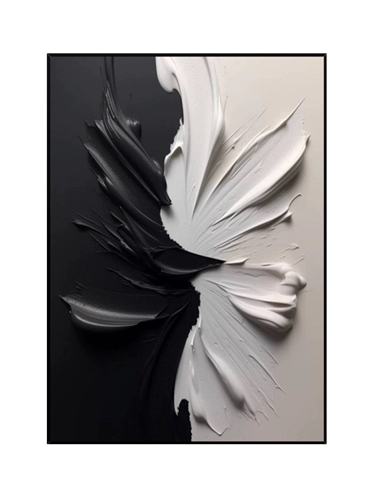 Twilight black and white wall art with textured paint in a minimalist design, showcasing dynamic contrast.