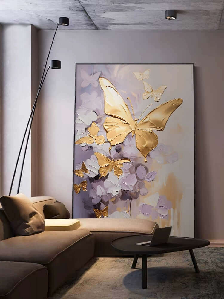 Golden Wings artwork featuring elegant golden butterflies on a purple background in a stylish living room.