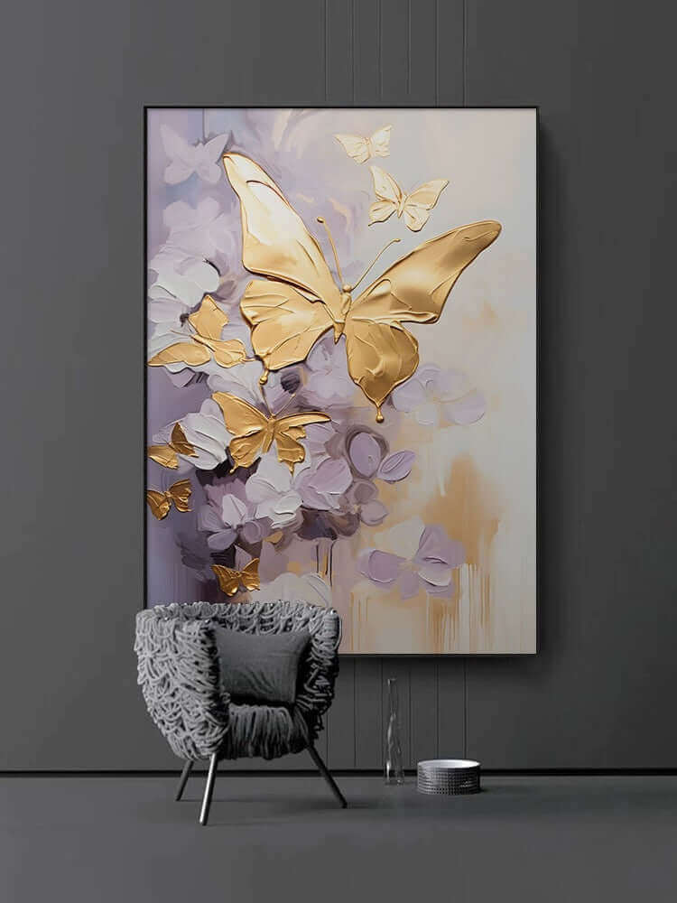 Golden Wings custom artwork featuring golden butterflies on a purple background, enhancing elegant home décor. Arte de pared dorado