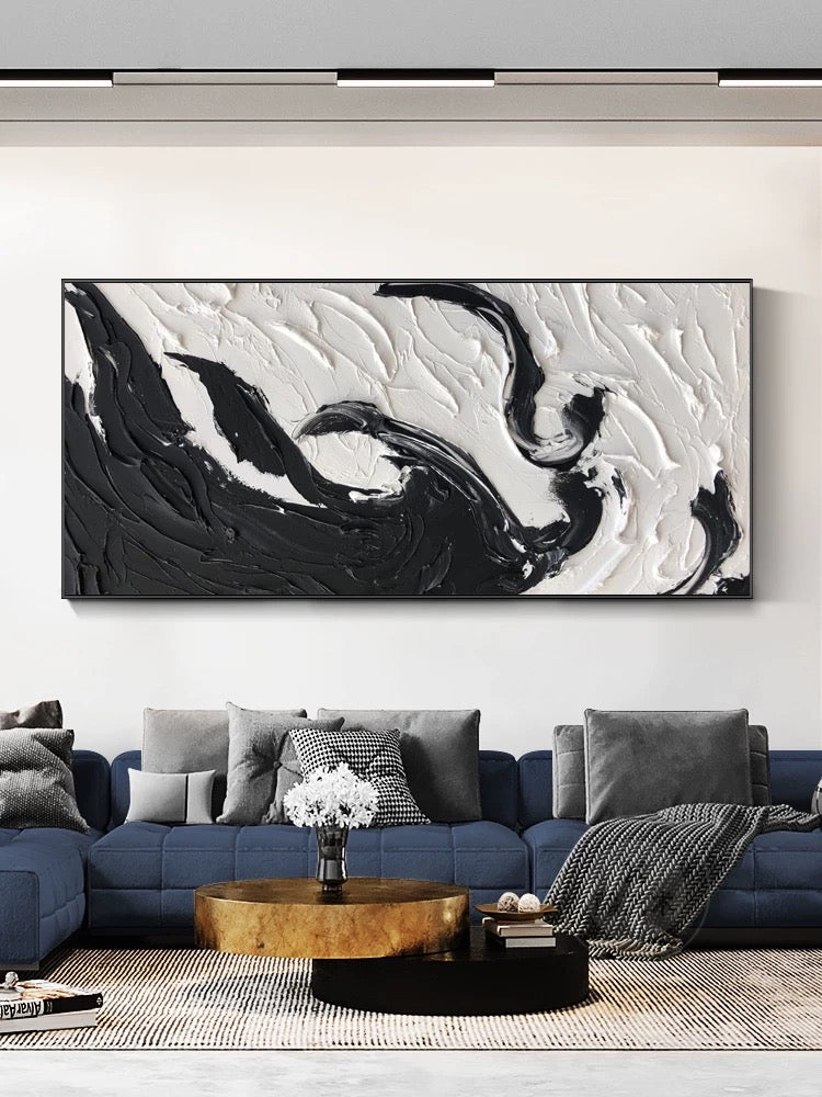 Black and White Textured Wall Art Above Couch