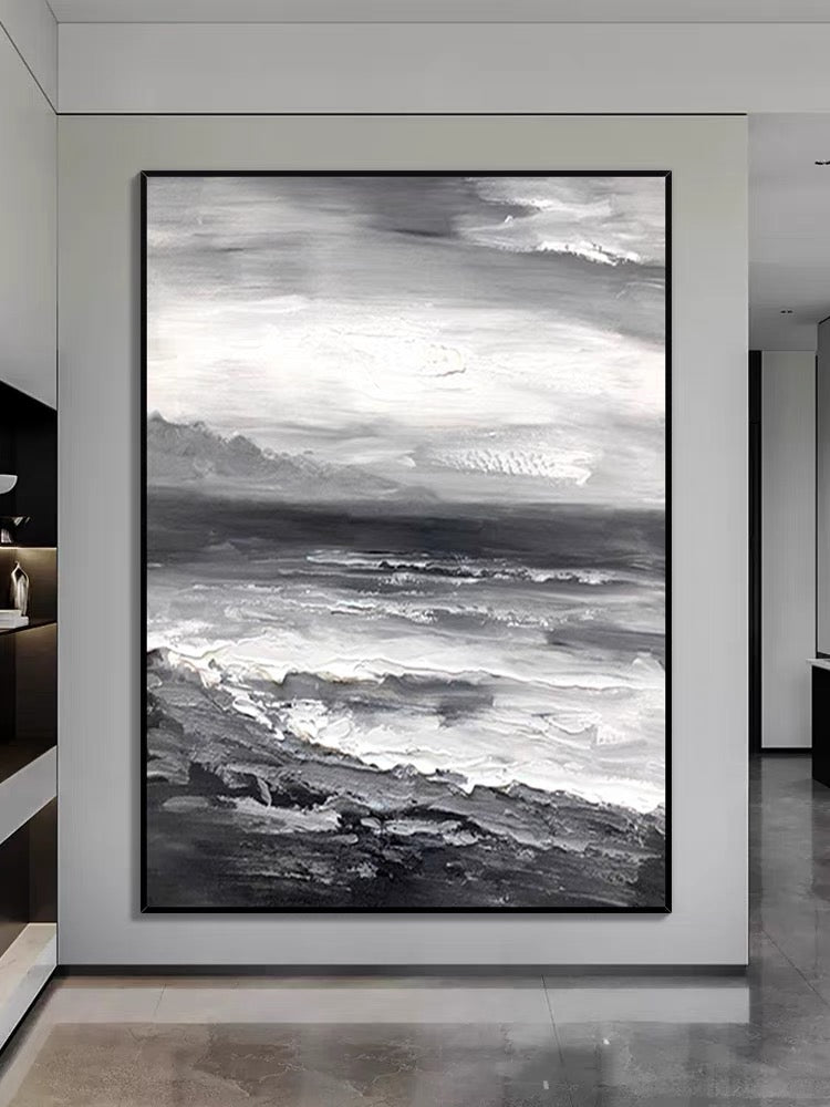 Pintura al óleo de playa en blanco y negro