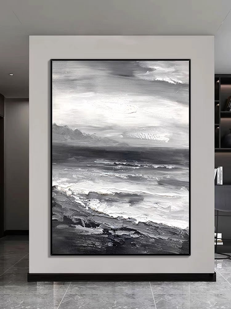 Pintura al óleo de playa en blanco y negro