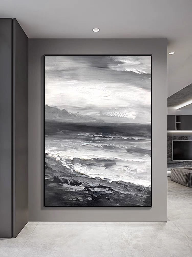 Pintura al óleo de playa en blanco y negro