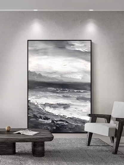 Pintura al óleo de playa en blanco y negro