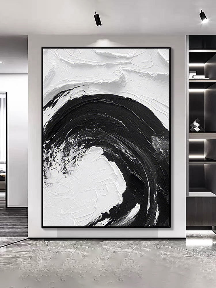 Black and White Waves Textured Oil Painting