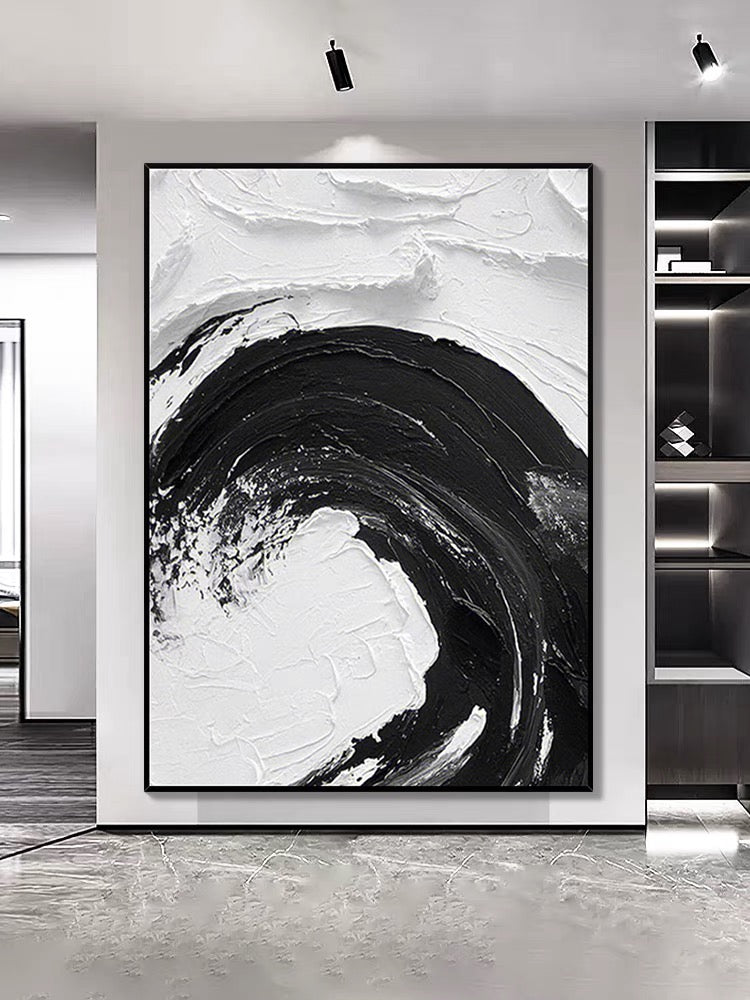 Pintura al óleo texturizada con ondas en blanco y negro