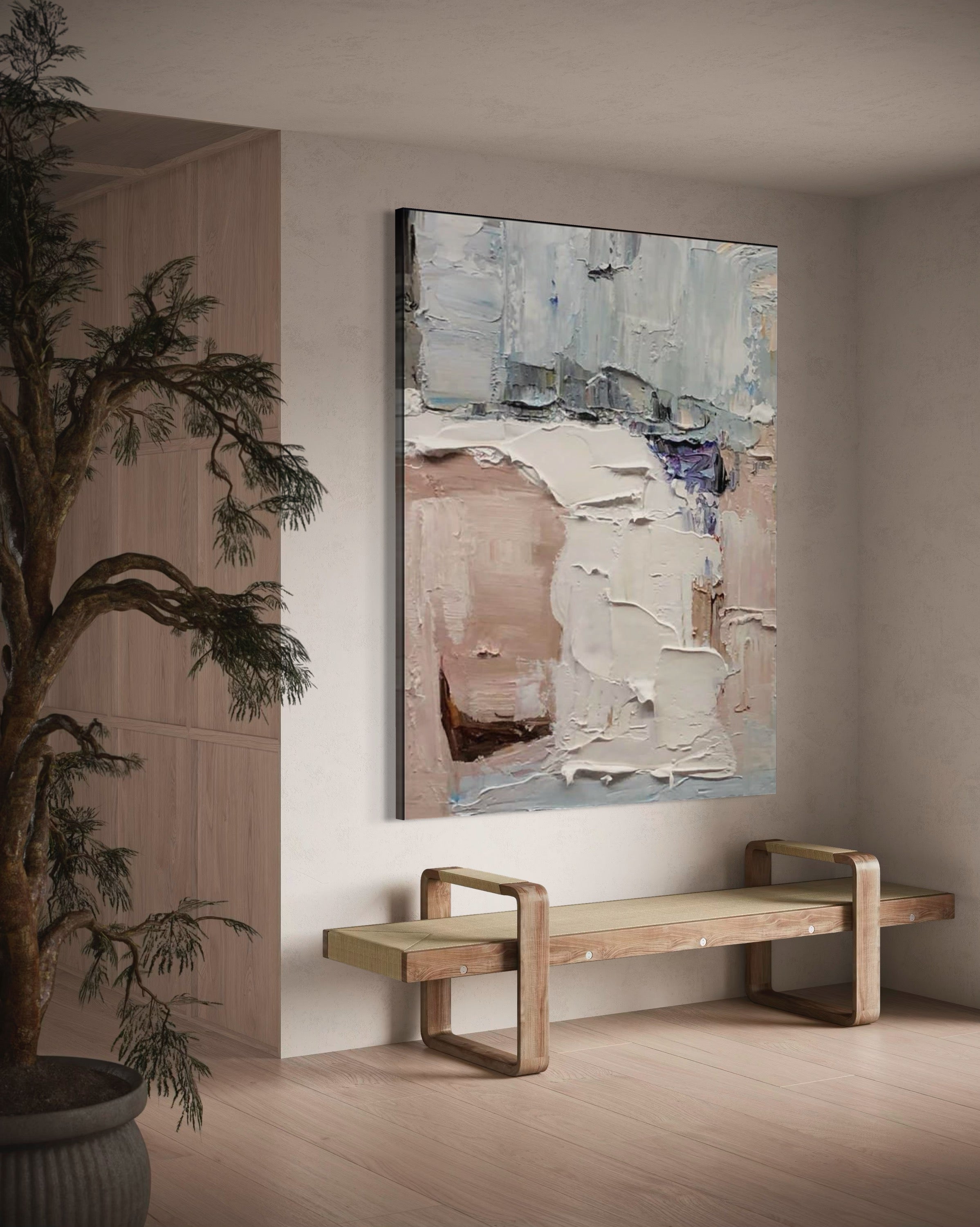 Hand-painted wall art by Kline Collective® enhancing a modern interior space with soft colors.