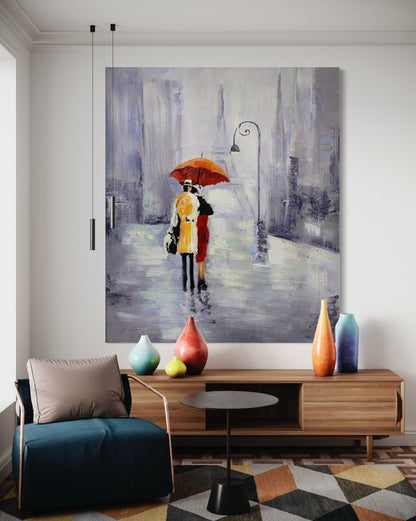 Hand-painted wall art depicting a couple with an umbrella in a rainy cityscape, enhancing home décor.