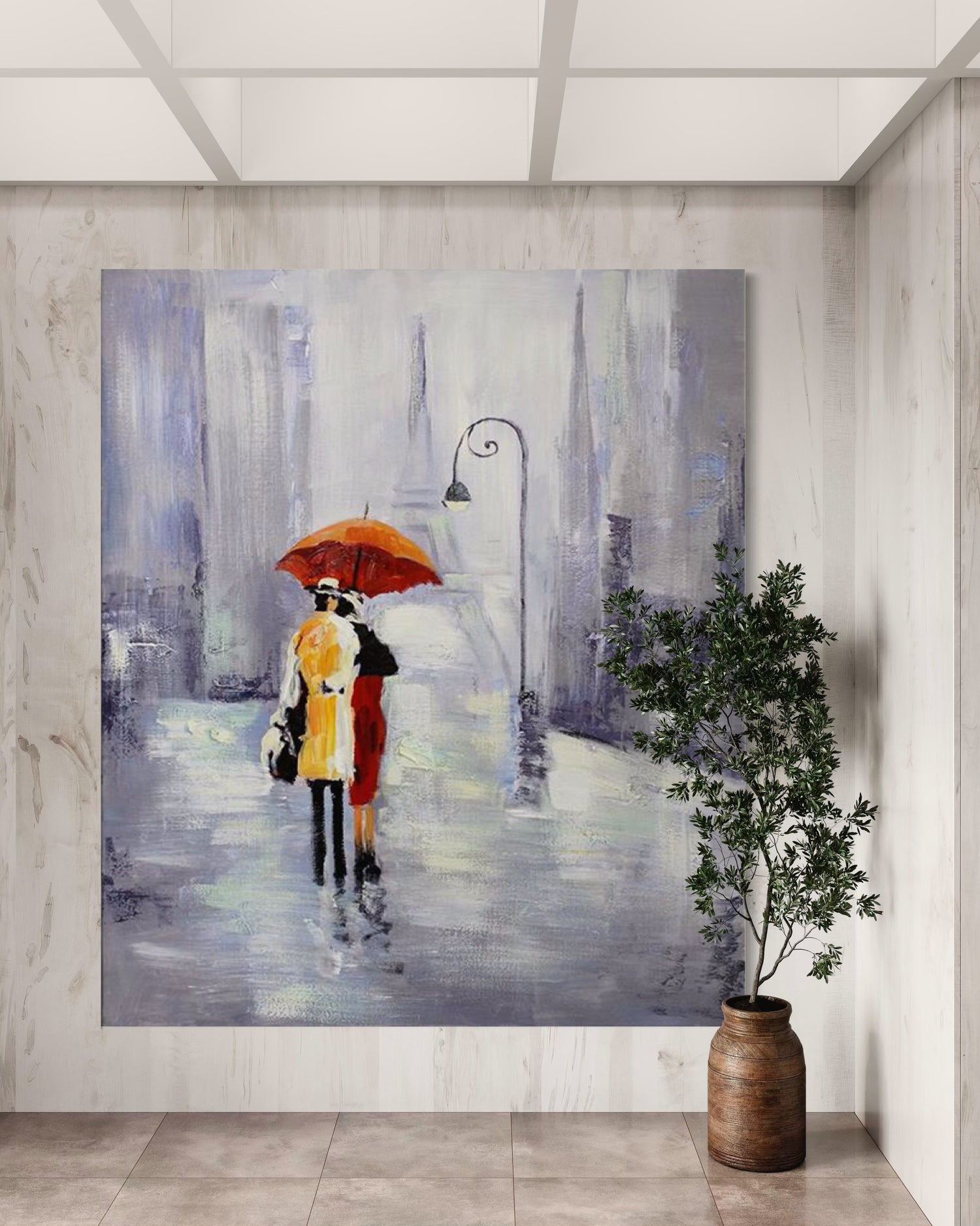 Hand-painted wall art of a couple under an orange umbrella, enhancing modern home decor with vibrant colors.