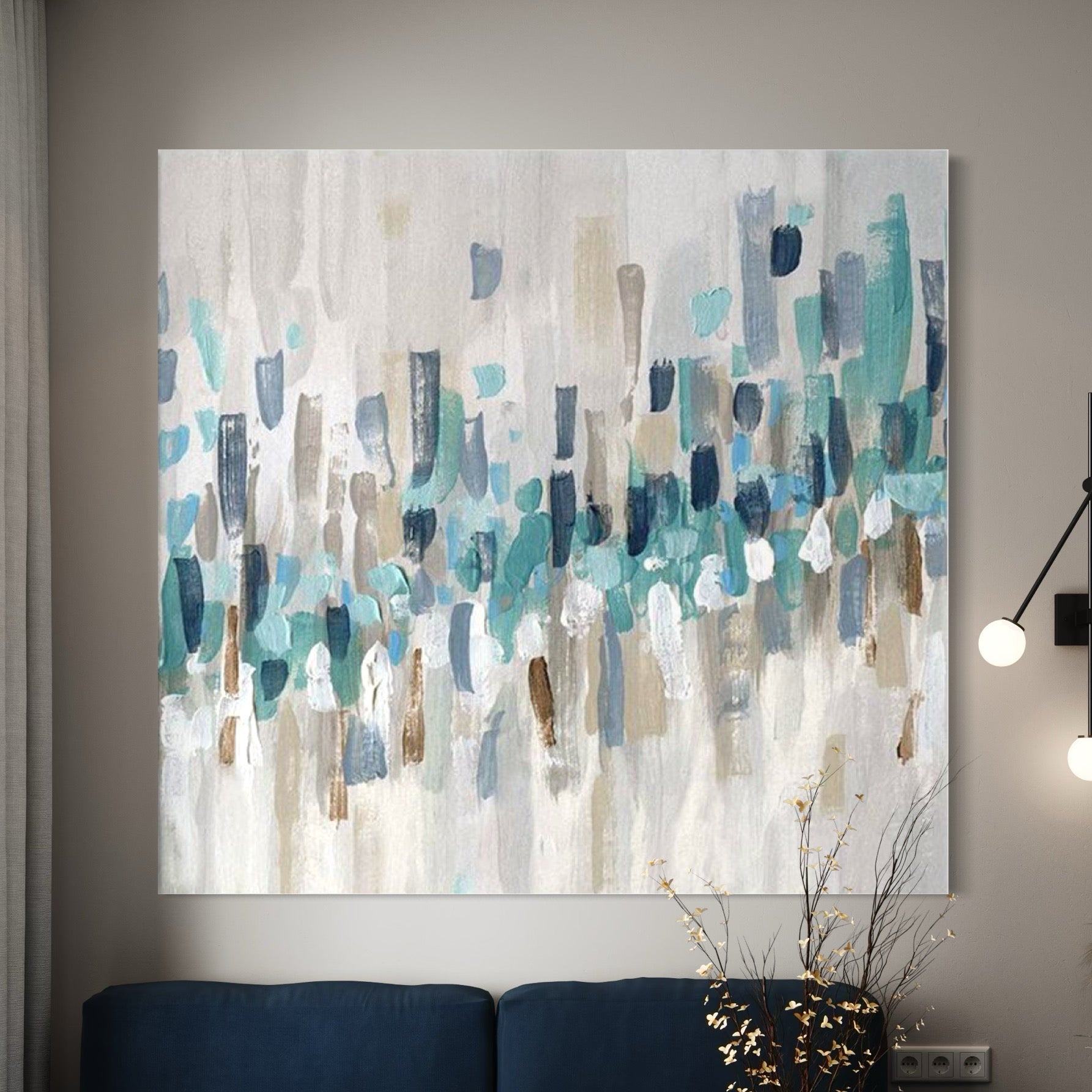 Abstract artwork featuring soft whites, shimmering silvers, and muted blues, perfect for serene, contemplative spaces.