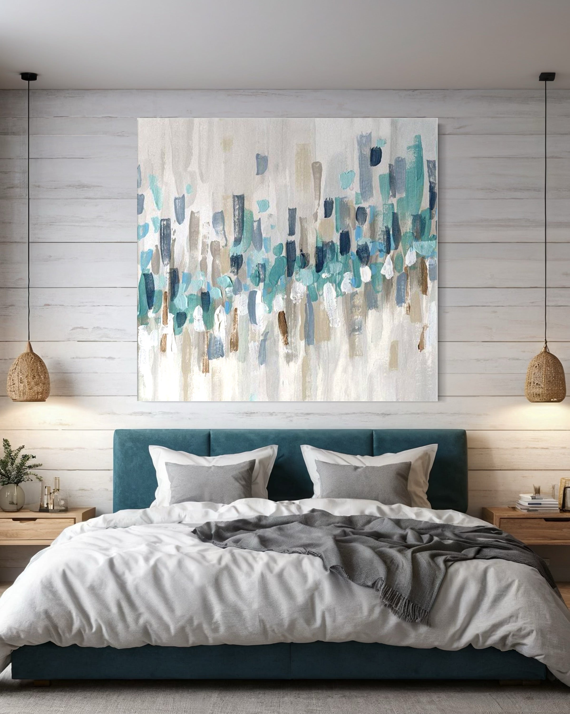 Abstract art piece in soft blues and whites, enhancing a serene bedroom ambiance with layered textures.