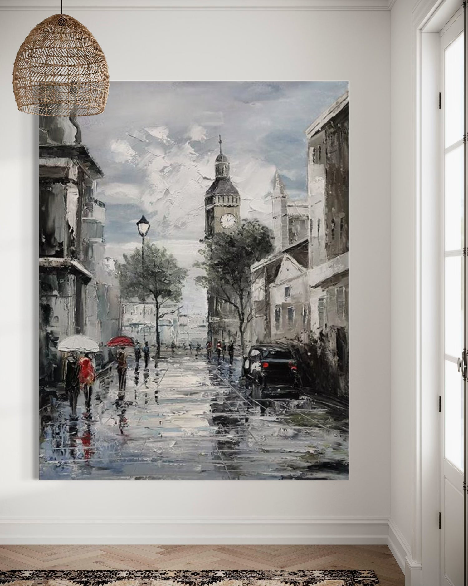 Hand-painted wall art showcasing a rainy Paris street scene, enhancing your space with warm and cold tones.