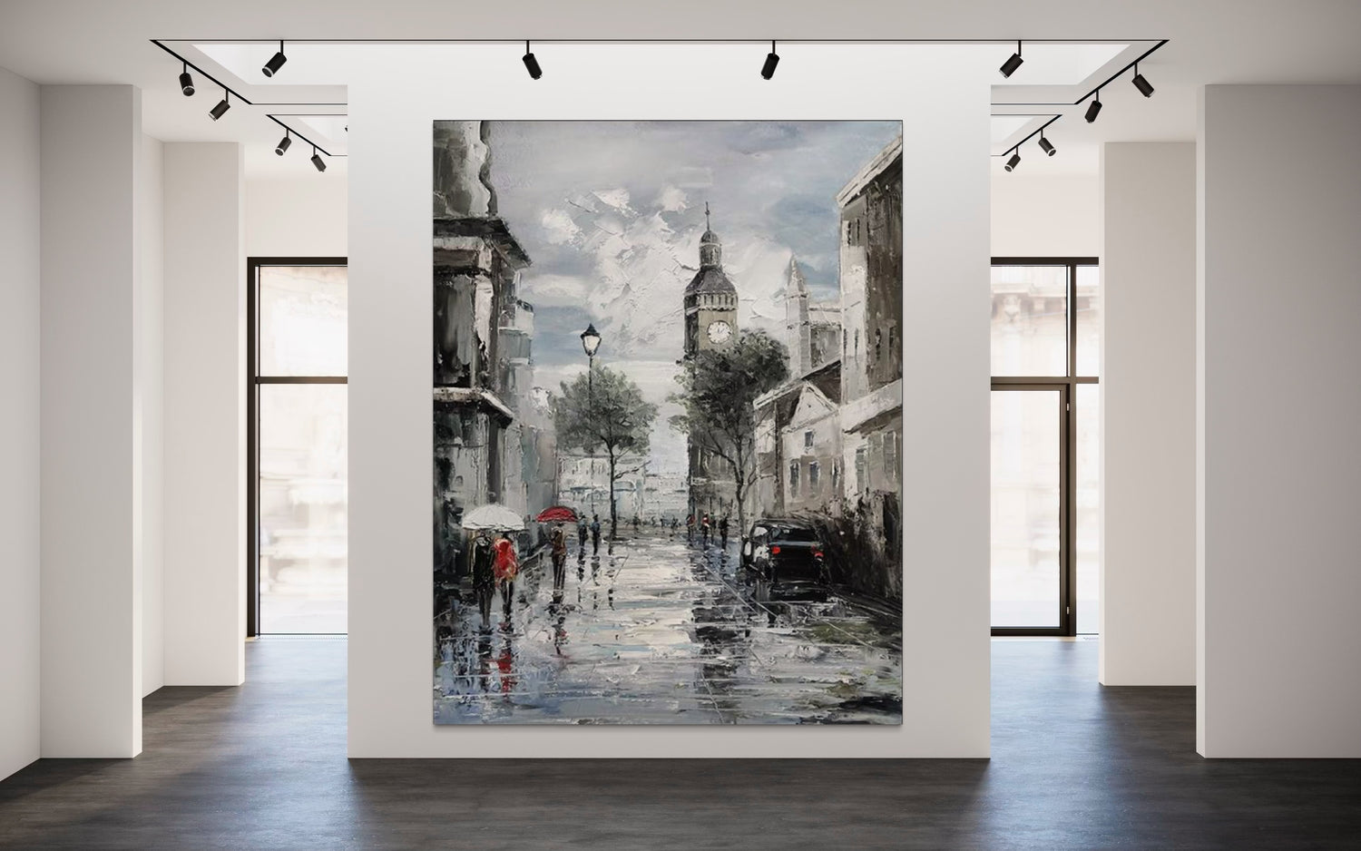 Hand-painted wall art of a misty Paris street, showcasing adventure and charm in a modern gallery setting.