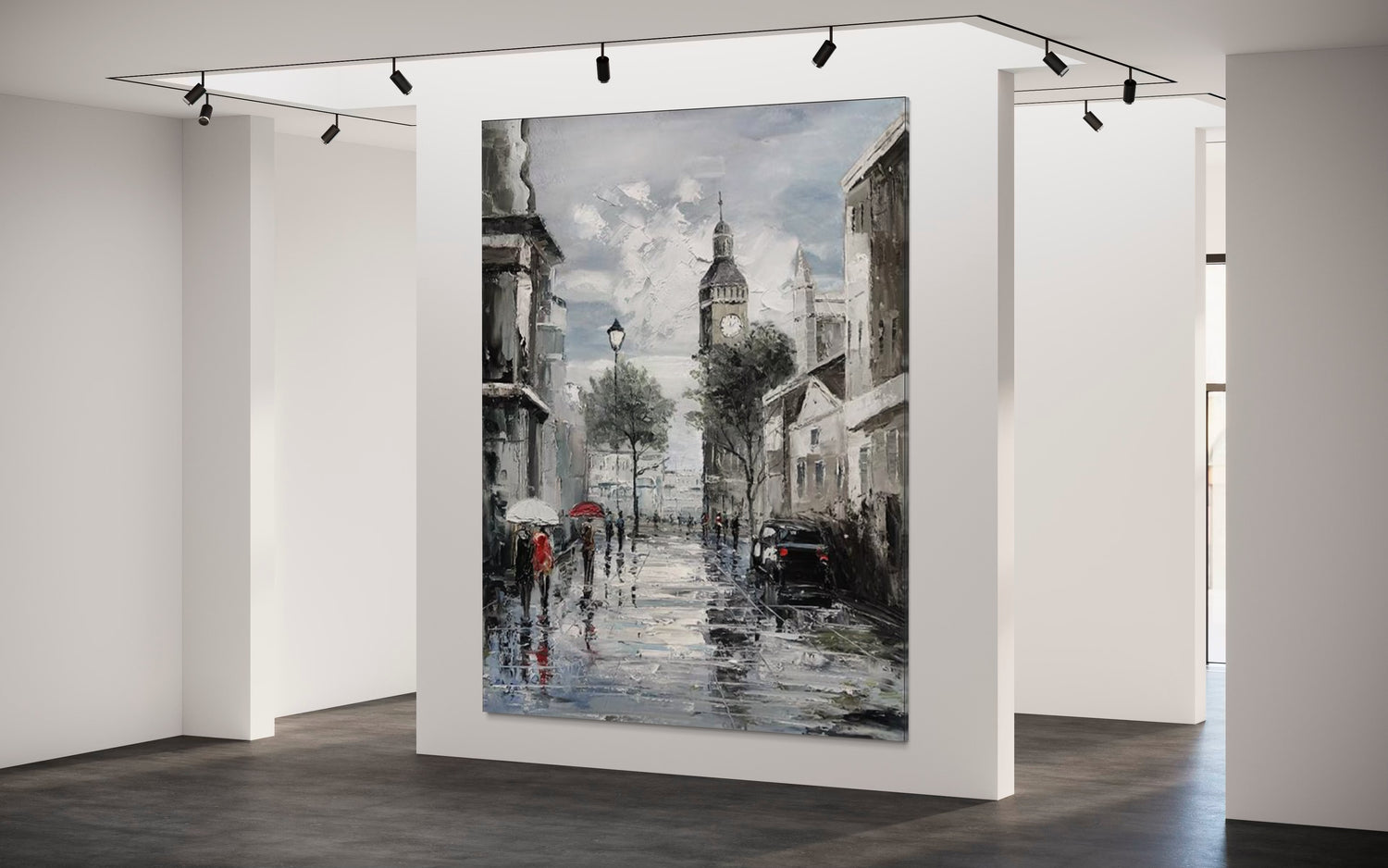 Hand-painted wall art of a Parisian street scene, reflecting adventure and charm, displayed in a modern gallery space.