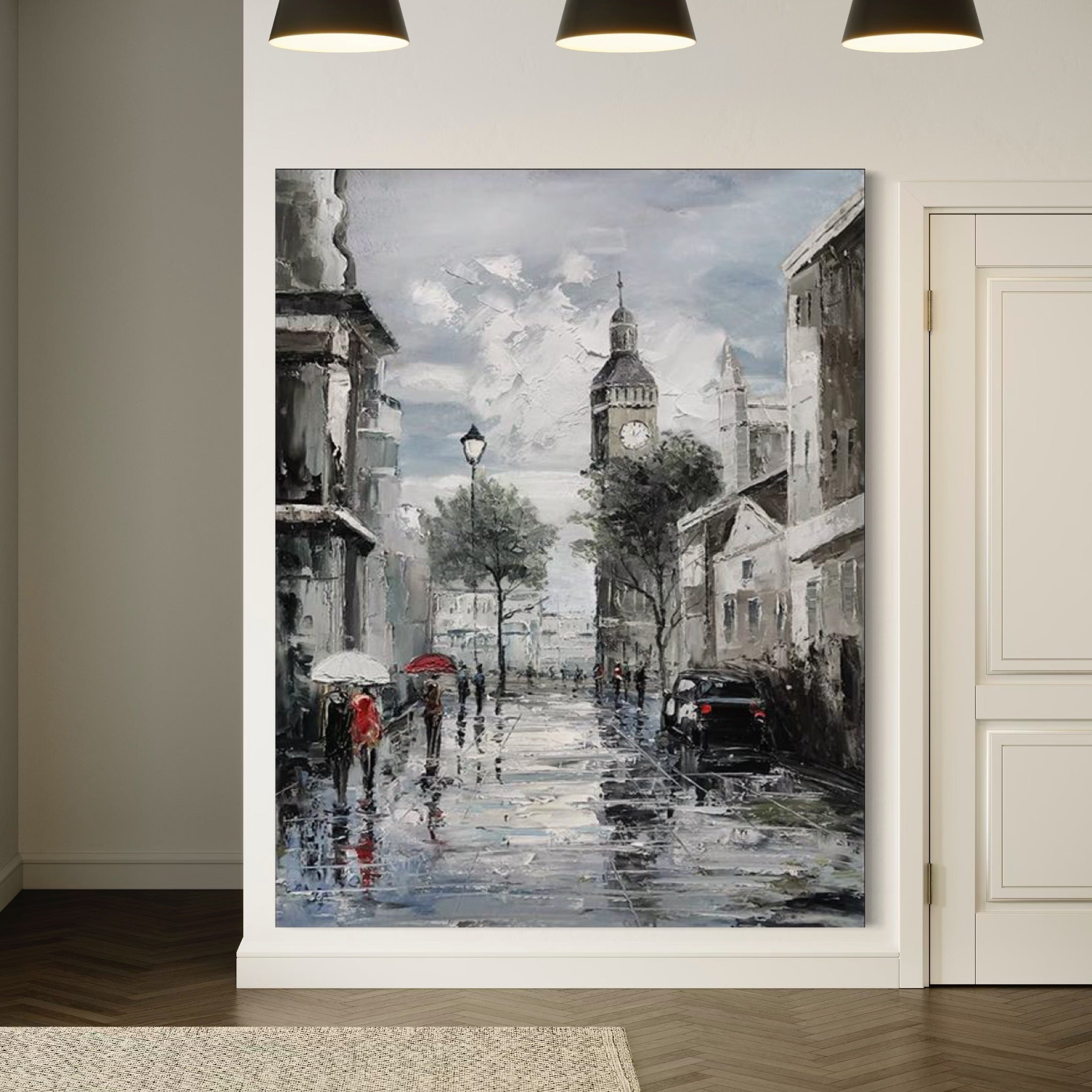 Hand-painted wall art depicting a rainy Parisian street with iconic clock tower and people carrying umbrellas.