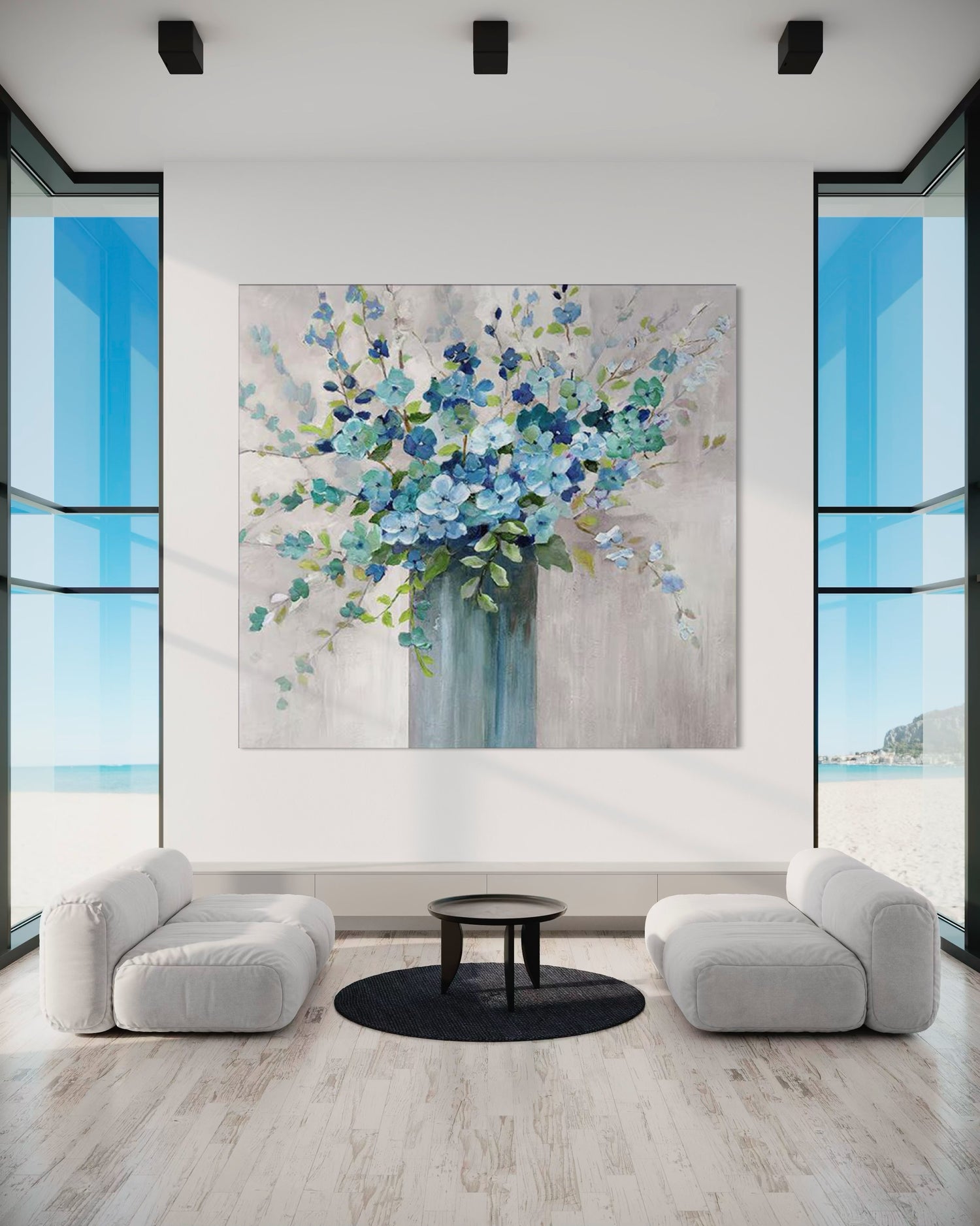 Hand-painted blue floral wall art in a modern living room by Kline Collective®, ready to elevate your space.