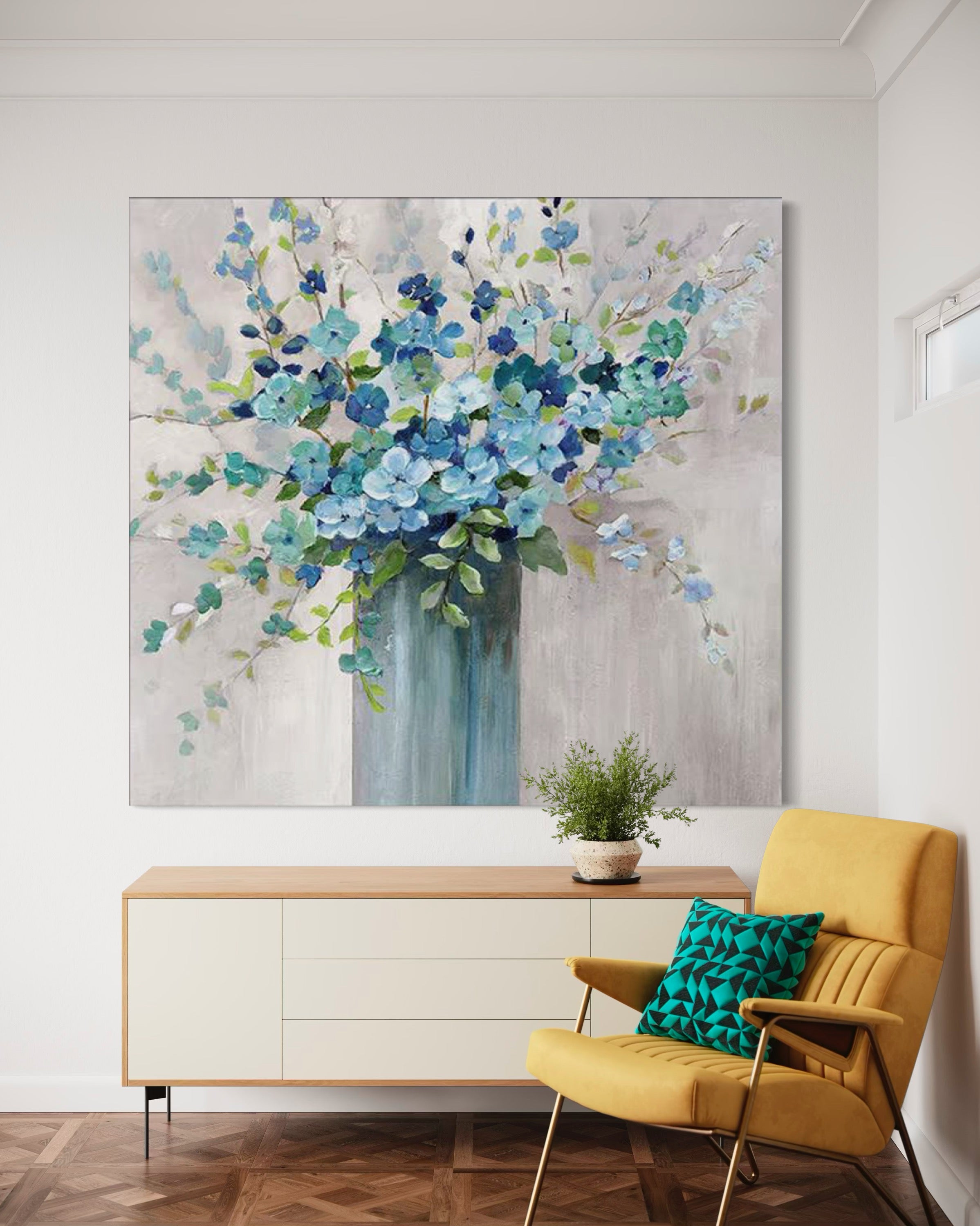 Hand-painted blue floral wall art by Kline Collective®, enhancing modern home decor with vibrant colors.