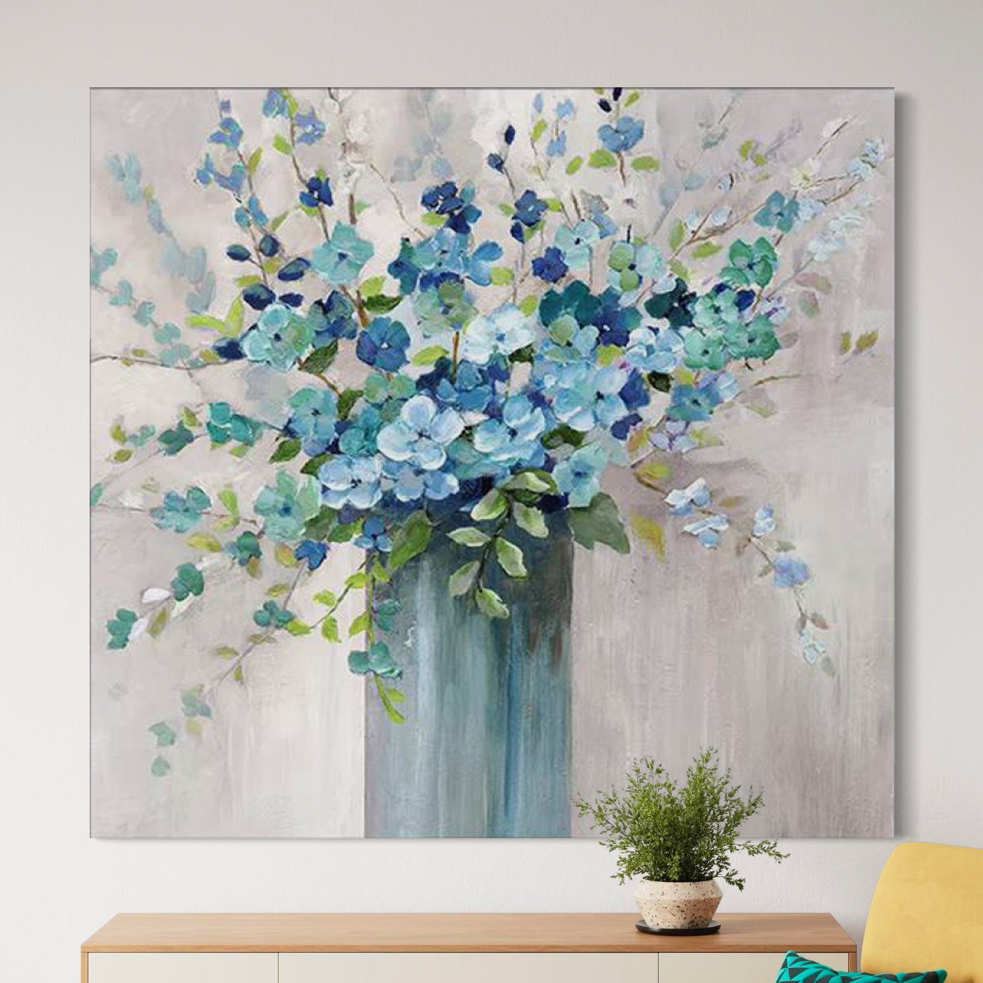 Hand-painted wall art featuring blue floral arrangement in vase, perfect for home decor by Kline Collective.