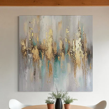 Abstract artwork featuring warm gold and amber tones, evoking the serene glow of dusk in a modern setting.