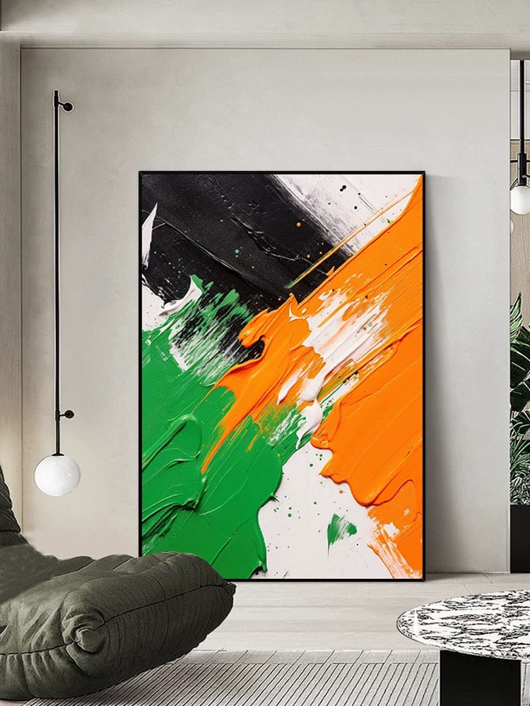 Art mural texturé vert orange blanc noir