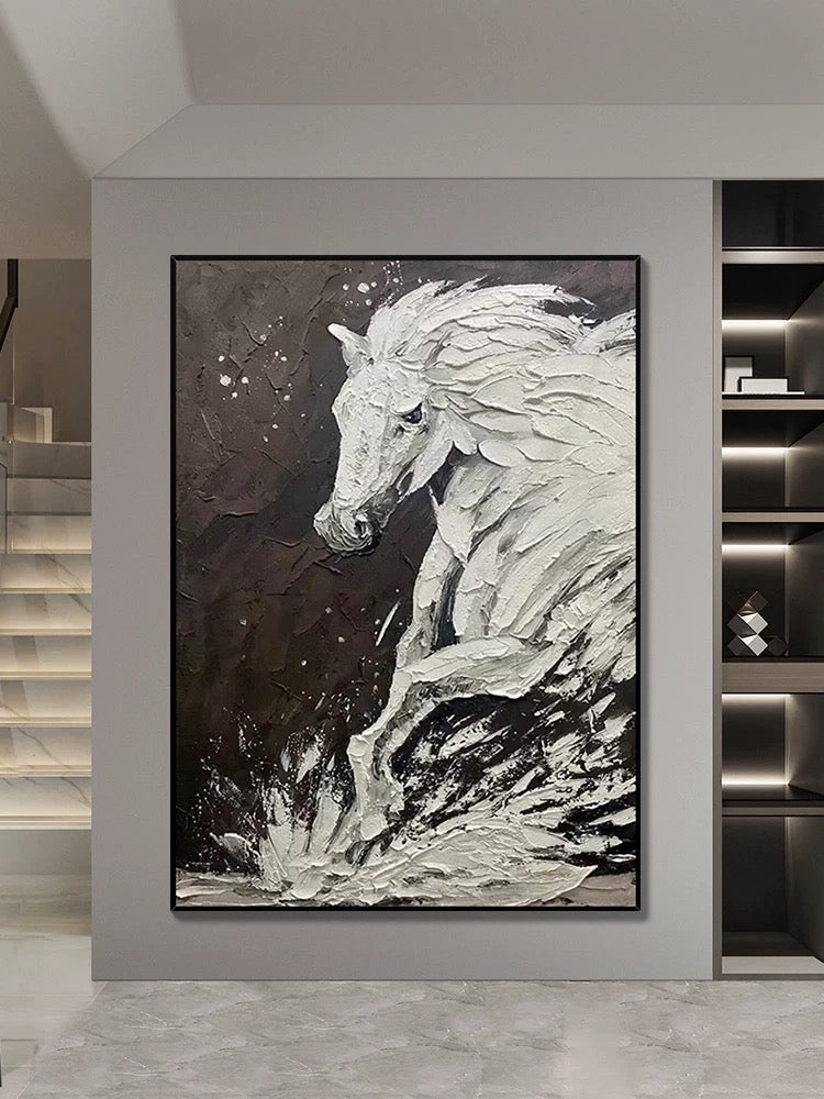 Arte de pared texturizado de caballo en blanco y negro