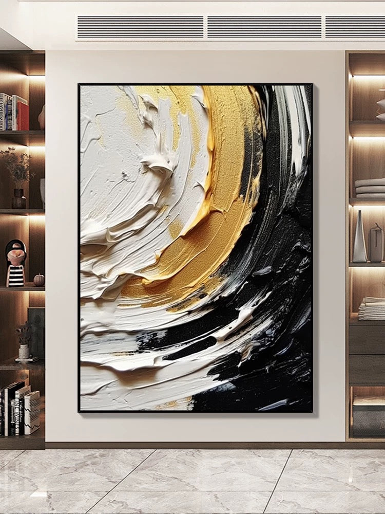 Black and Cream Yellow Textured Wall Art - Hand Painting