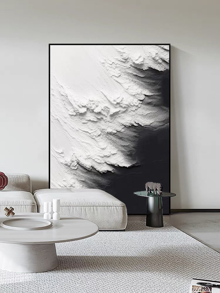 Black and White Waves Textured Wall Art - Hand Painting Black and White Paintings