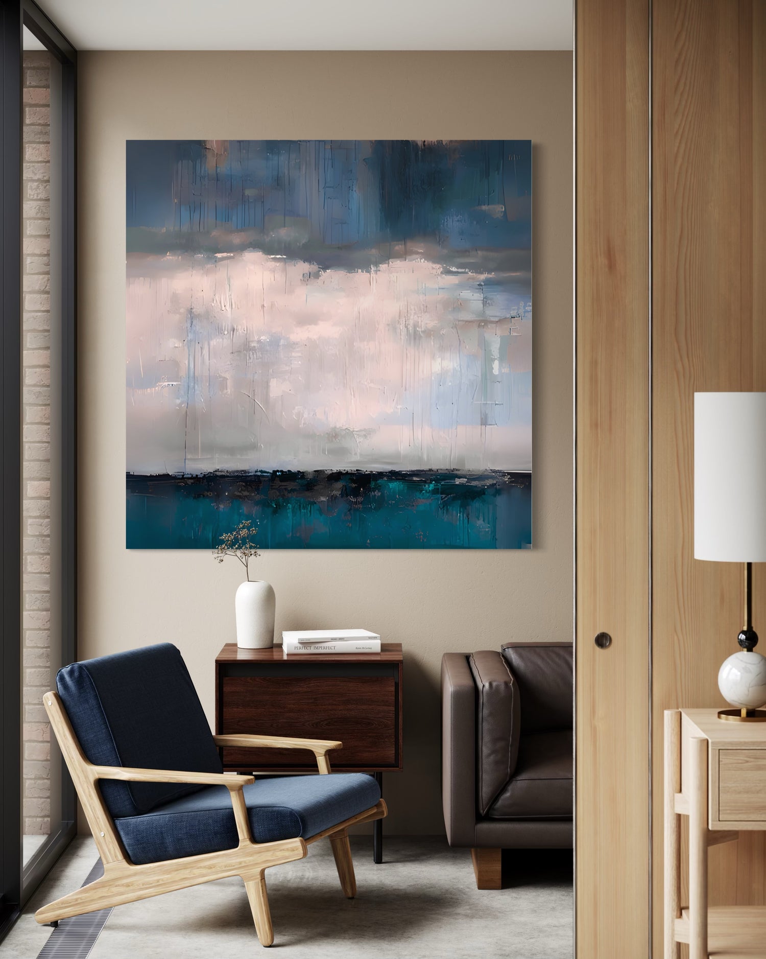 Beneath the Verdant Horizon artwork by John Rey U. displayed in a modern living room, featuring serene blues and soft pinks.