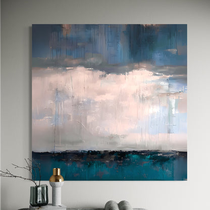 Beneath the Verdant Horizon artwork by John Rey U., featuring serene winter seascape in soft hues of blue, pink, and lilac.