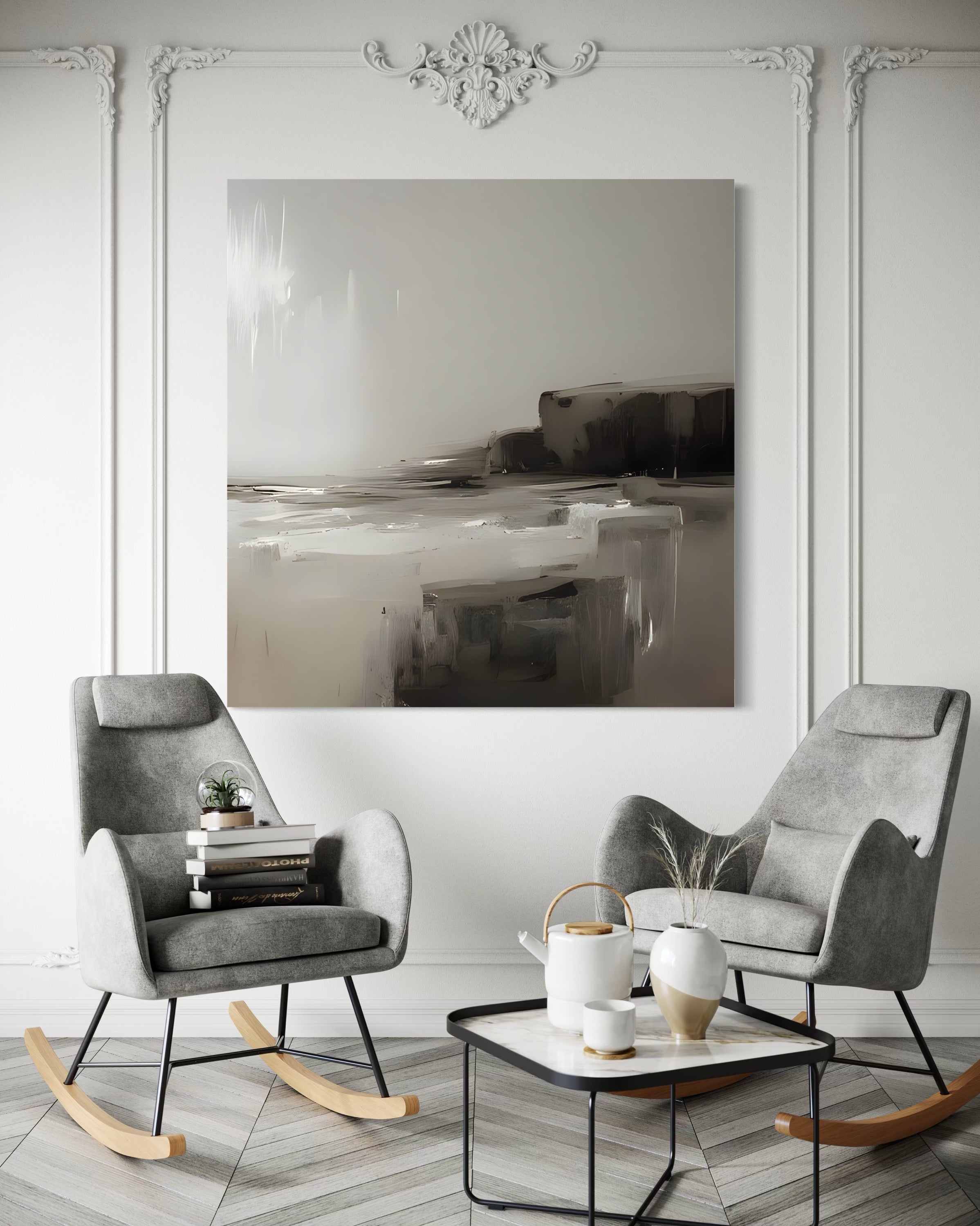 Hand-painted abstract wall art in a modern living room with gray chairs and a stylish coffee table.