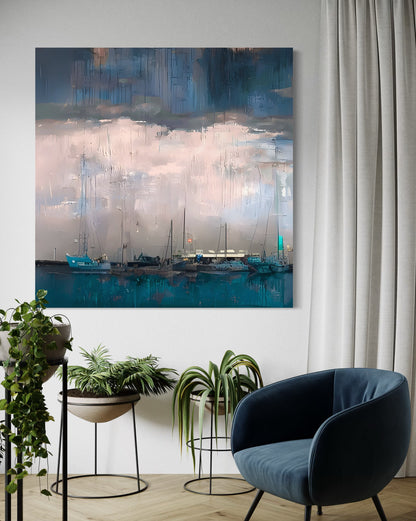 Hand-painted wall art of a serene harbor scene with boats, framed and ready to enhance your living space.