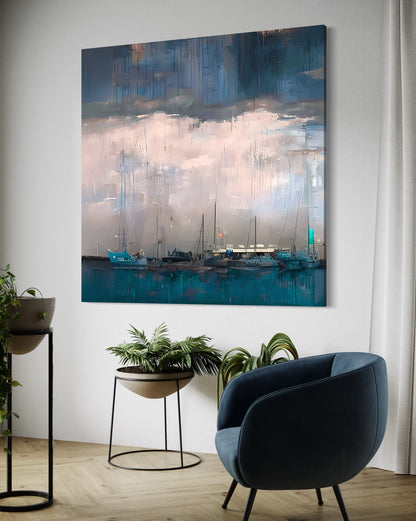 Hand-painted wall art featuring serene boats under an enchanting sky, framed and ready to hang.