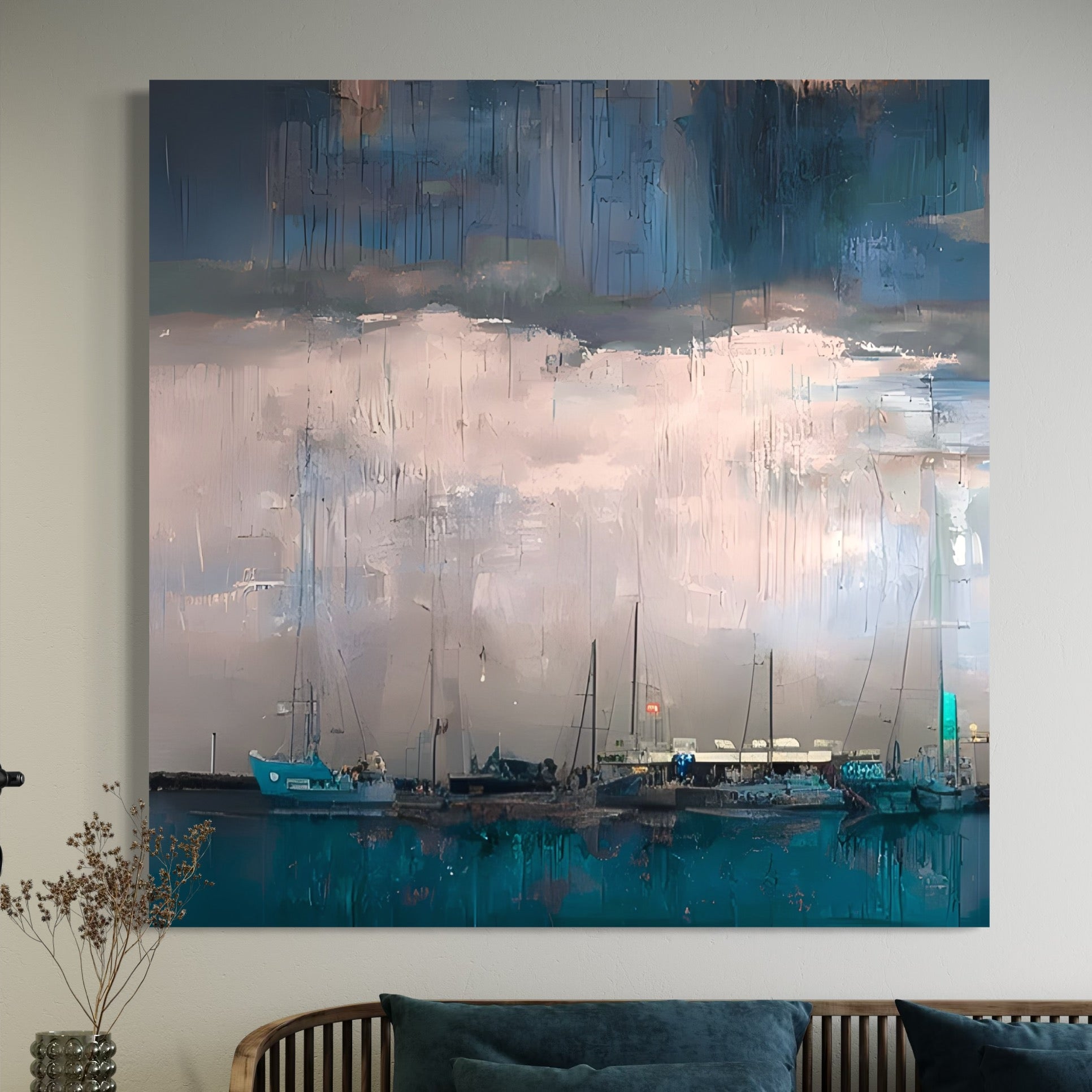 Hand-painted wall art of boats under cloudy skies by John Rey U., enhancing home decor with vibrant colors.