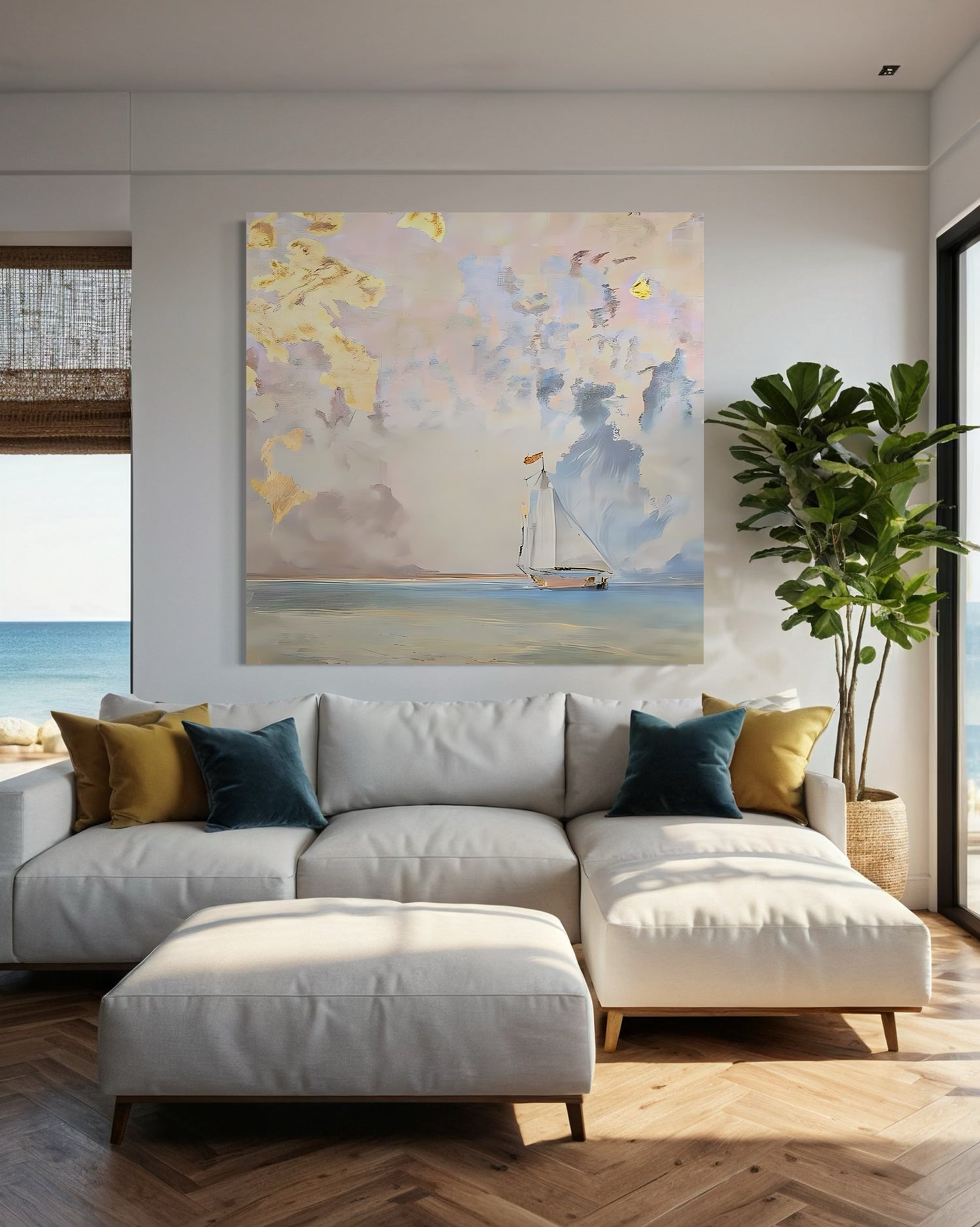 Golden Dawn on the Sea wall art by Kline Collective, enhancing a cozy living space with coastal elegance.