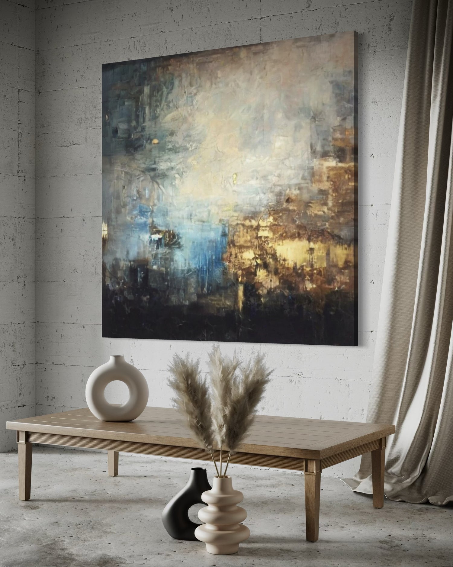 Golden Sparks in the Void wall art by John Rey U., hand-painted on canvas, elevating home decor with vibrant colors.