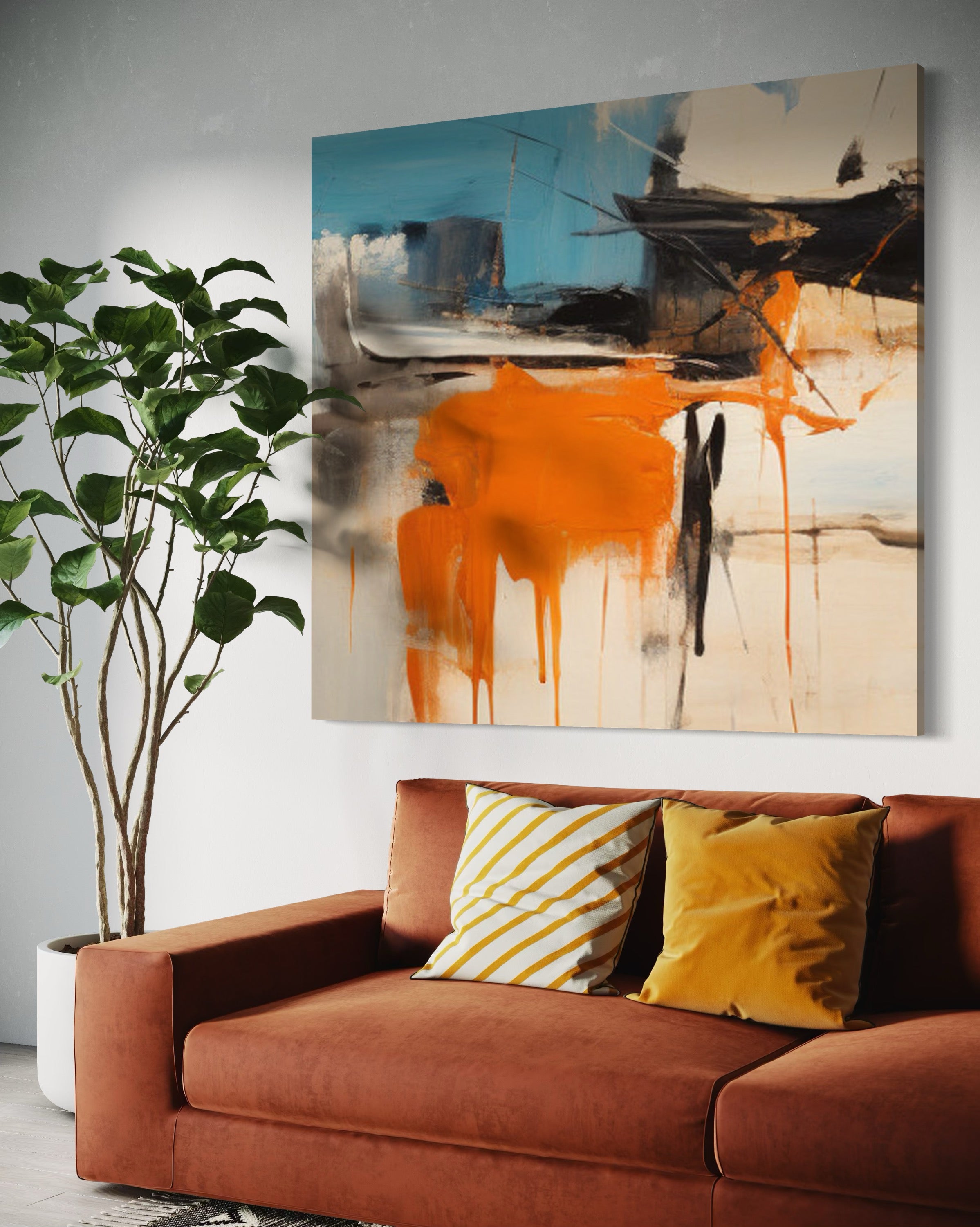 Hand-painted wall art by Kline Collective® featuring vibrant orange and blue colors, enhancing modern living spaces.